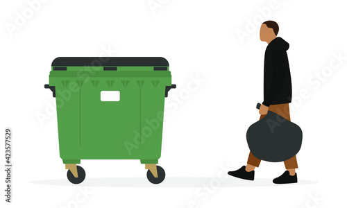 Male character with trash bag in hand goes to trash container isolated on white background