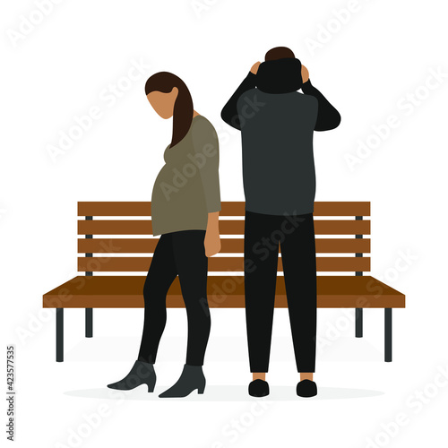 Male character putting hood on his head and leaving female character near wooden bench isolated on white background