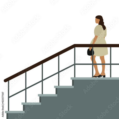Female character in a beautiful dress and with a handbag in her hand stands on the staircase on a white background