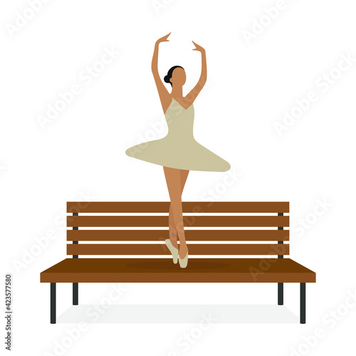 Ballerina dancing on a wooden bench on a white background