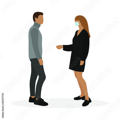 Female character in medical mask and male character together on white background