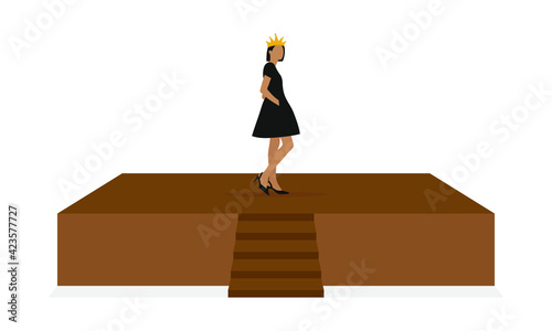 Female character in crown stands on stage on white background