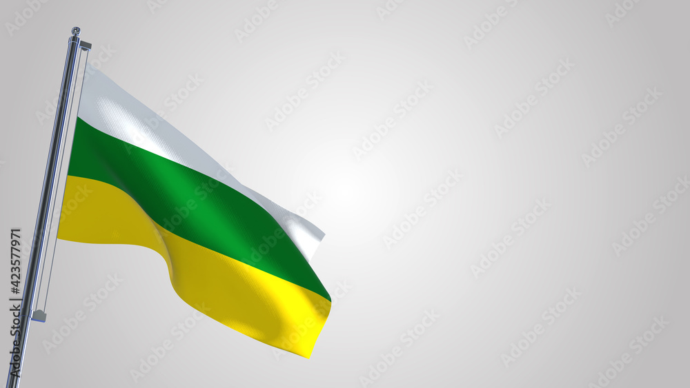 Fototapeta premium Zamora Chinchipe 3D waving flag illustration on a realistic metal flagpole. Isolated on white background with space on the right side. 