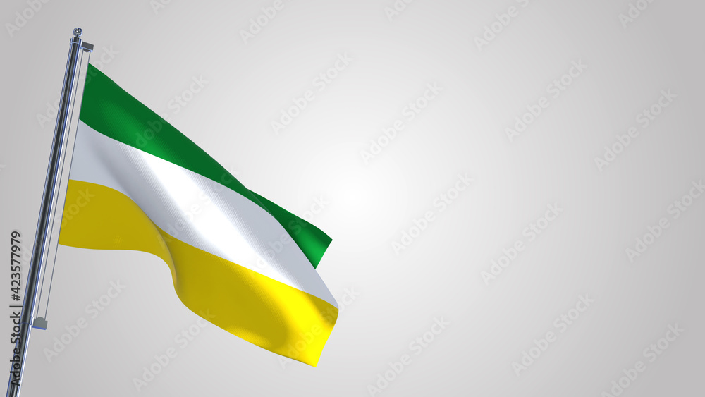 Fototapeta premium Sucumbios 3D waving flag illustration on a realistic metal flagpole. Isolated on white background with space on the right side. 