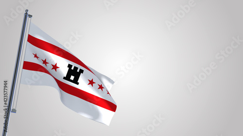 Drenthe 3D waving flag illustration on a realistic metal flagpole. Isolated on white background with space on the right side. 