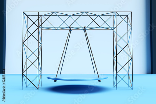 3D Illustration eines Podestes für Mockups und Produktpräsentationen, dass an Seilen an einem Bühnengestell aufgehängt ist