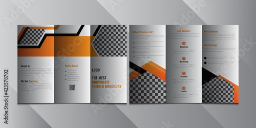 Tri fold brochure design. Orange DL Corporate business template for try fold brochure or flyer. Layout with modern elements and abstract background. Creative concept folded flyer or brochure.