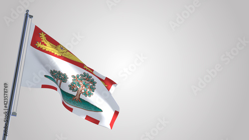 Prince Edward Island 3D waving flag illustration on a realistic metal flagpole. Isolated on white background with space on the right side. 