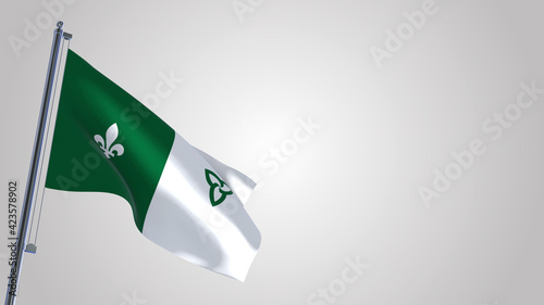 Franco-Ontarian 3D waving flag illustration on a realistic metal flagpole. Isolated on white background with space on the right side. 