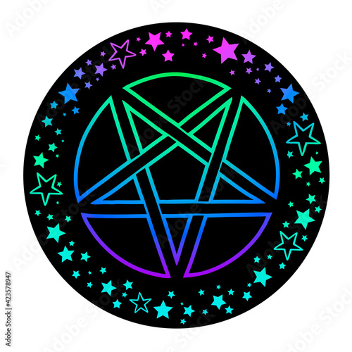 mystical bright pentagram with an ornament of scattered shiny neon stars