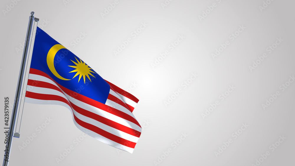 Malaysia 3D waving flag illustration on a realistic metal flagpole. Isolated on white background with space on the right side. 