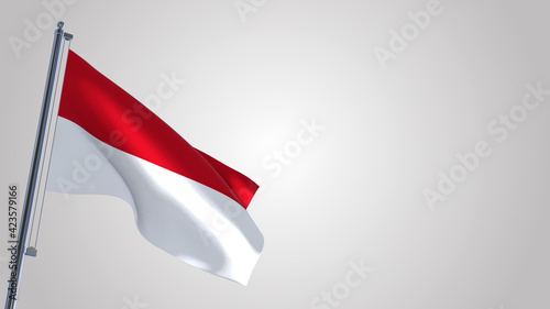 Indonesia 3D waving flag illustration on a realistic metal flagpole. Isolated on white background with space on the right side. 