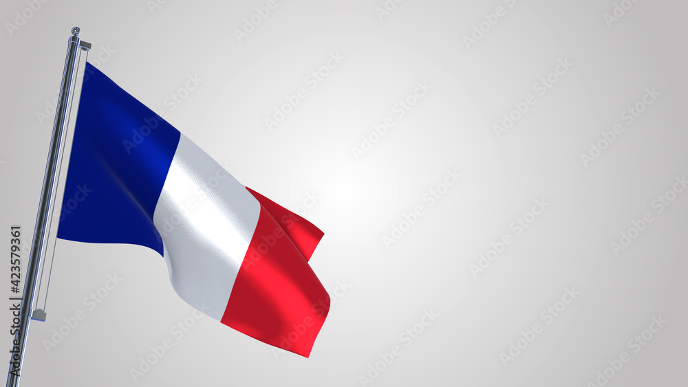 France 3D waving flag illustration on a realistic metal flagpole. Isolated on white background with space on the right side. France 3D waving flag illustration on a realistic metal flagpole. Isolated on white background with space on the right side.