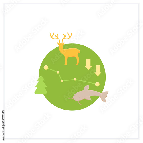 Biodiversity loss flat icon.Losing different kinds flora,fauna.Disappearance species can disrupt ecosystems,make more fragile.Ecosystem protection concept.3d vector illustration