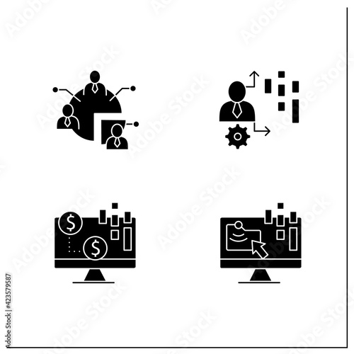 Customer data platform glyph icons set. Audience segments, transactional data, behavioral date. Customer data concepts.Filled flat signs. Isolated silhouette vector illustrations