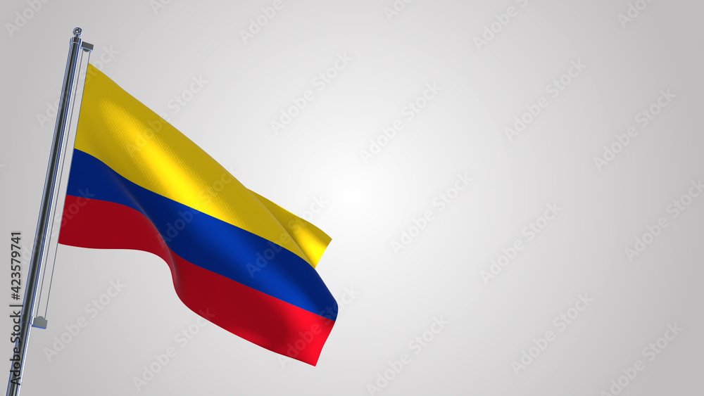 Obraz premium Colombia 3D waving flag illustration on a realistic metal flagpole. Isolated on white background with space on the right side. 
