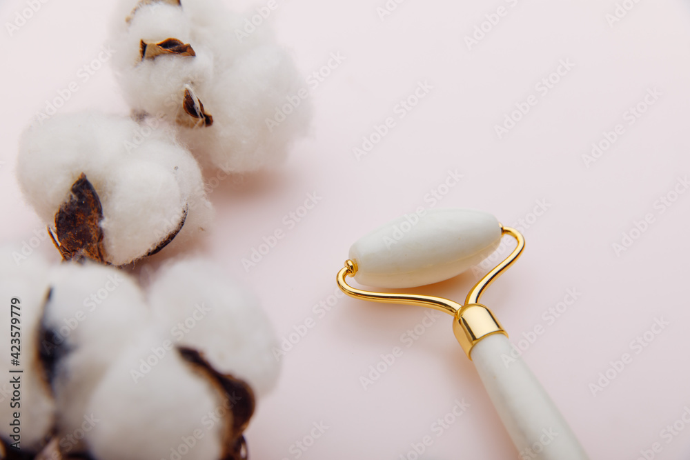 Facial massage for natural lifting. Stone roller close-up and a branch of cotton on a pink background Facial massage for natural lifting. Stone roller close-up and a branch of cotton on a pink background