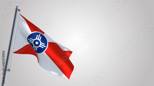 Wichita Kansas 3D waving flag illustration on a realistic metal flagpole. Isolated on white background with space on the right side. 