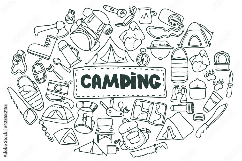 Camping and hiking equipment doodle icons set.  set of things that you will need when Hiking and trekking. Hand drawn tourism set for postcard, banner, design.