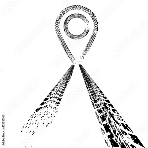 Vector Print Textured Tire Track . Design Element pin . Car tread silhouette . Mud splash grunge texture. Tyre track banner . Map pointer .
