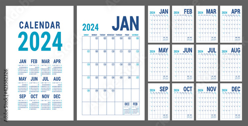 Planner 2024 year. English blue calendar template. Vector grid. Office business planning. Creative design