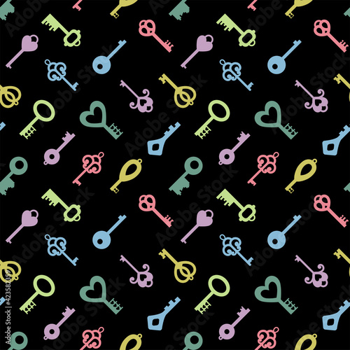 Flat keys seamless pattern. Vector color illustration. Creative pictograms set. Hearts, flowers , ornament elements