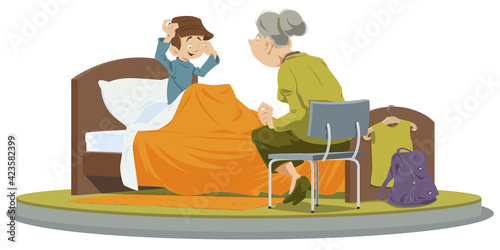 Child, sleepily, rubs his eyes. Little boy woke up in morning. Illustration for internet and mobile website.