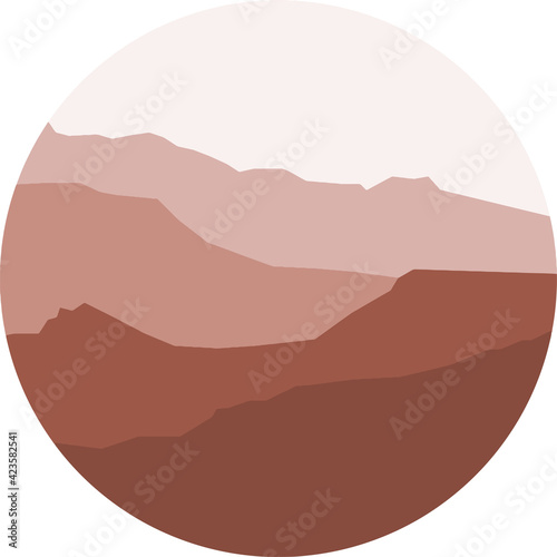 Mountains in a circle, Landscape view in Mid-century Modern style, Vector illustration on white, Geometric abstract element for a logo, poster, icon. Illustration on white background. 