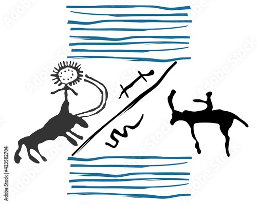Drawings of primitive people. Archeology. Rock painting.	