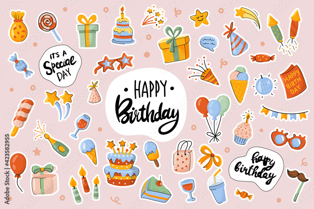 Vecteur Stock Happy Birthday cute stickers template set. Bundle of cake,  drink, gift, decorations, objects. Festive party, celebration objects.  Scrapbooking elements. Vector illustration in flat cartoon design | Adobe  Stock