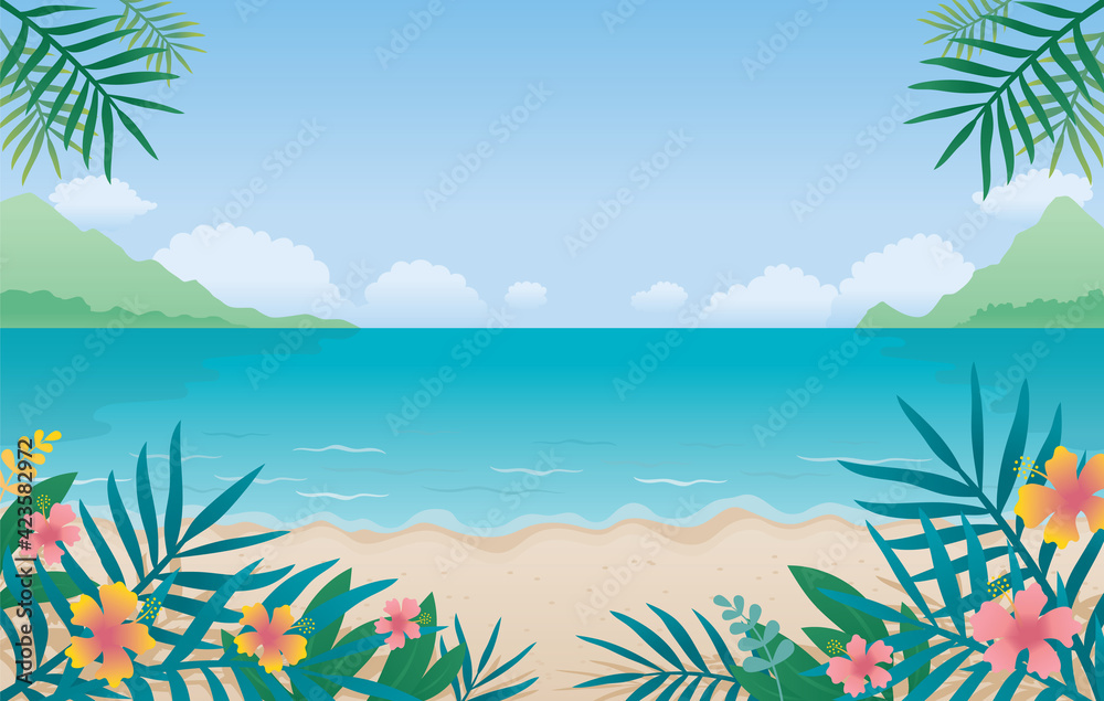 Summer Beach, Sea or Ocean Background, Coconut Leaves and Hibiscus Foreground