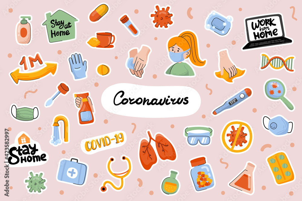 Coronavirus cute stickers template set. Bundle of health protection products, diseases treatment, medical items. Stay or work at home. Scrapbooking elements. Vector illustration in flat cartoon design