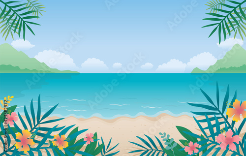 Summer Beach, Sea or Ocean Background, Coconut Leaves and Hibiscus Foreground © muchmania