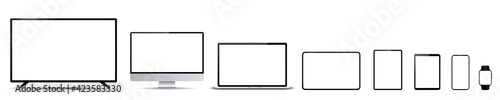 Set of mockup technology devices with empty white display: TV, computer, laptop, tablet and mobile phone, smartwatch. Screen device mockup blank. Realistic media gadgets with white screen - vector