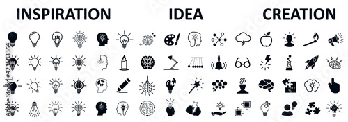 Inspiration icons set, creativity sign, creative idea logo with light bulb, human head, brain – stock vector