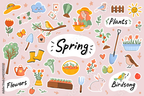 Spring cute stickers template set. Bundle of springtime symbols, Easter, blooming flowers, birds singing, gardening, planting works. Scrapbooking elements. Vector illustration in flat cartoon design