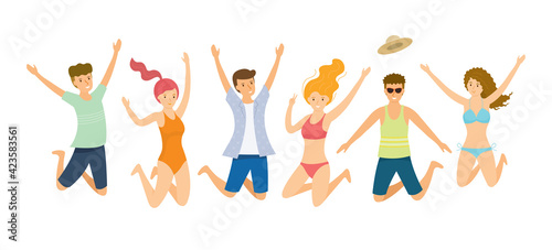 Group of People wearing Summer Clothes Jumping, Summer Travel