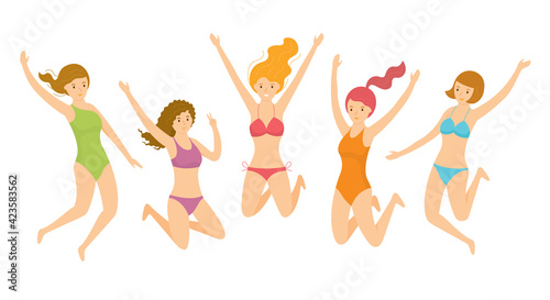 Group of Girls wearing Swimsuit Jumping, Summer Travel