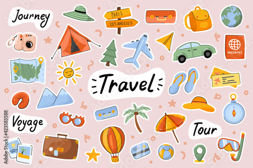Travel cute stickers template set. Bundle of camping journey, sea resort tour, voyage, global tourism, baggage, traveler objects. Scrapbooking elements. Vector illustration in flat cartoon design
