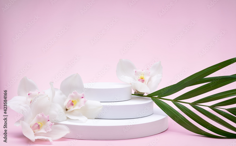 White geometric shapes podium for product display on pink background with orchid flowers and palm leaves. stand for product promotion in minimal style. Copy space for your design. Banner. 