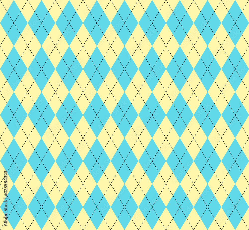 Easter Argyle plaid. Scottish pattern in blue and yellow rhombuses. Scottish cage. Traditional Scottish background of diamonds. Seamless fabric texture. Vector illustration Easter Argyle plaid. Scottish pattern in blue and yellow rhombuses. Scottish cage. Traditional Scottish background of diamonds. Seamless fabric texture. Vector illustration