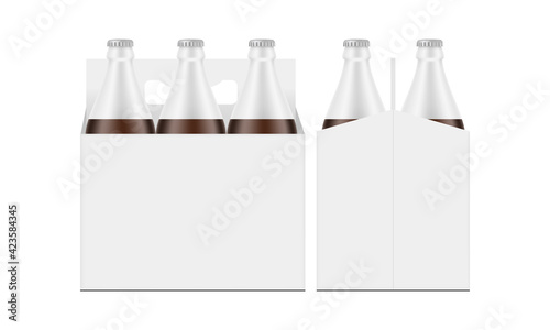 Six-Pack Brown Bottle Carrier Box Mockup, Front and Side View, Isolated on White Background. Vector Illustration