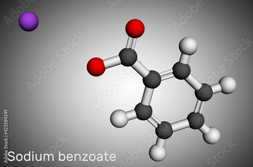 Sodium benzoate molecule. It is antimicrobial, antifungal preservative in pharmaceutical preparations and foods with E number E211. Molecular model. 3D rendering photo