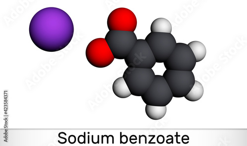 Sodium benzoate molecule. It is antimicrobial, antifungal preservative in pharmaceutical preparations and foods with E number E211. Molecular model. 3D rendering. Illustration photo