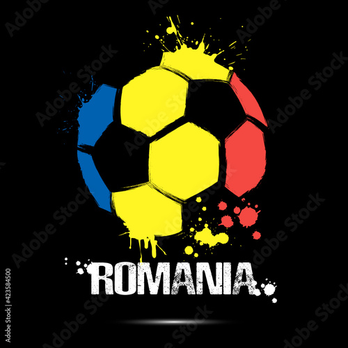 Abstract soccer ball with Romanian national flag colors. Flag of Romania in the form of a soccer ball made on an isolated background. Football championship banner. Vector illustration