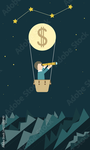 Fototapeta Naklejka Na Ścianę i Meble -  Businessman in a bulb balloon with telescope. Investment channel. Concept business illustration. vector.