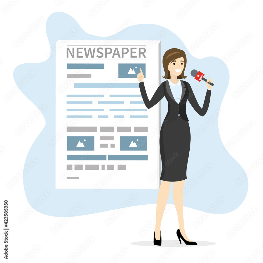 Cute female reporter with microphone, newspaper on background. Breaking news review. Caucasian journalist makes a report. Cute female reporter with microphone, newspaper on background. Breaking news review. Caucasian journalist makes a report.