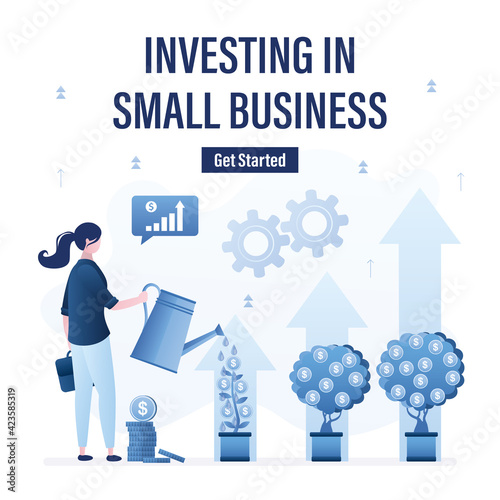 Investing in small business, landing page template. Startups, business incubator. Businesswoman or investor watering money trees. New business development.