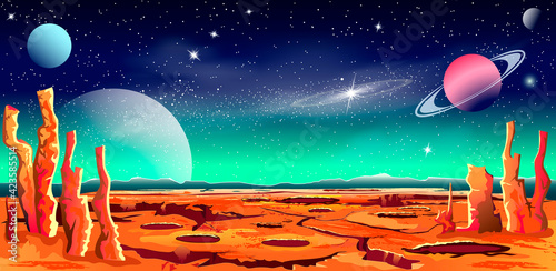 Space red planet star galaxy. Space background. Surface of the planet. Shining stars and planets. Stellar nebula. A distant galaxy. Night starry sky