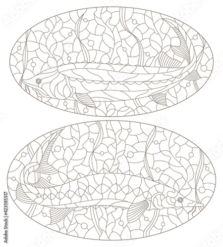 Set of contour illustrations in stained glass style with beluga fishes, dark outlines on a white background, oval illustrations